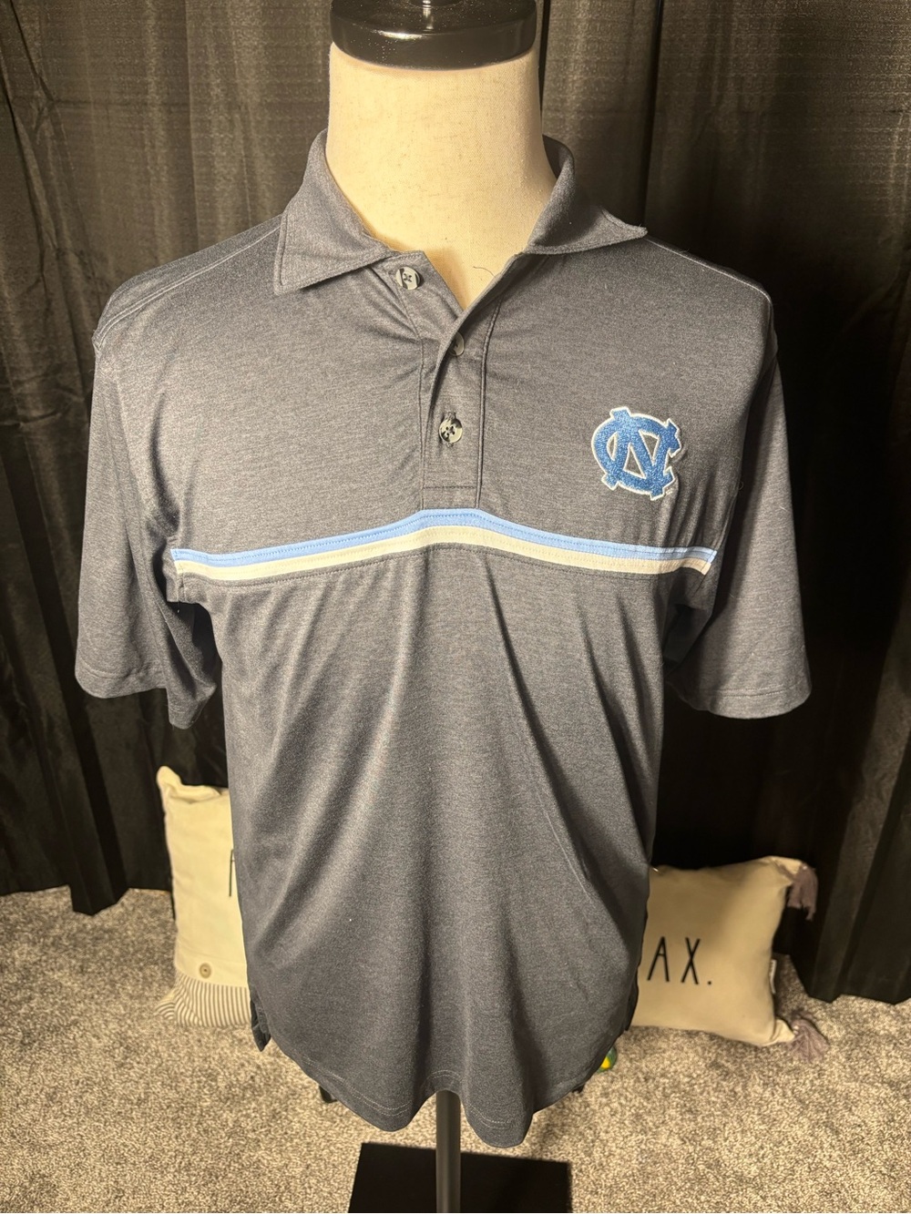 Champion Men's Gray Polo with Light Blue & White Stripe and UNC Logo